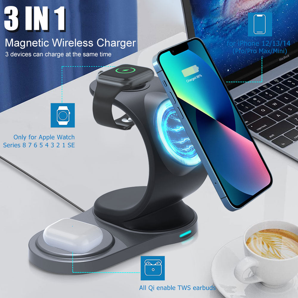 Cargador Inalámbrico 3 en 1 Estación de Carga Rápida para iPhone 14/13/12 Pro Max Mini, Apple Watch y Airpods Pro 3