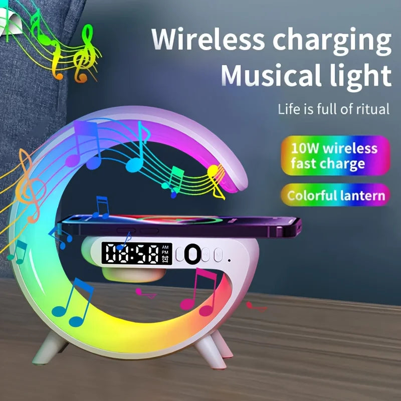 Mini Cargador Inalámbrico Multifuncional con Altavoz, TF, Luz RGB Nocturna y Estación de Carga Rápida para iPhone, Samsung, Xiaomi, Huawei