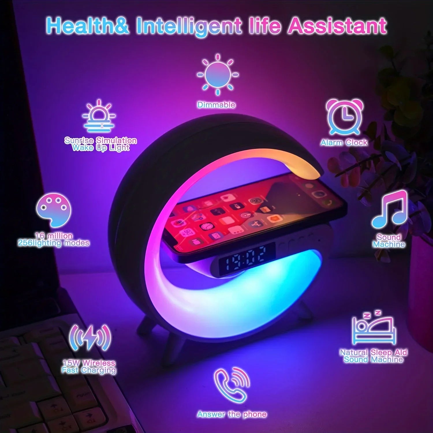 Mini Cargador Inalámbrico Multifuncional con Altavoz, TF, Luz RGB Nocturna y Estación de Carga Rápida para iPhone, Samsung, Xiaomi, Huawei