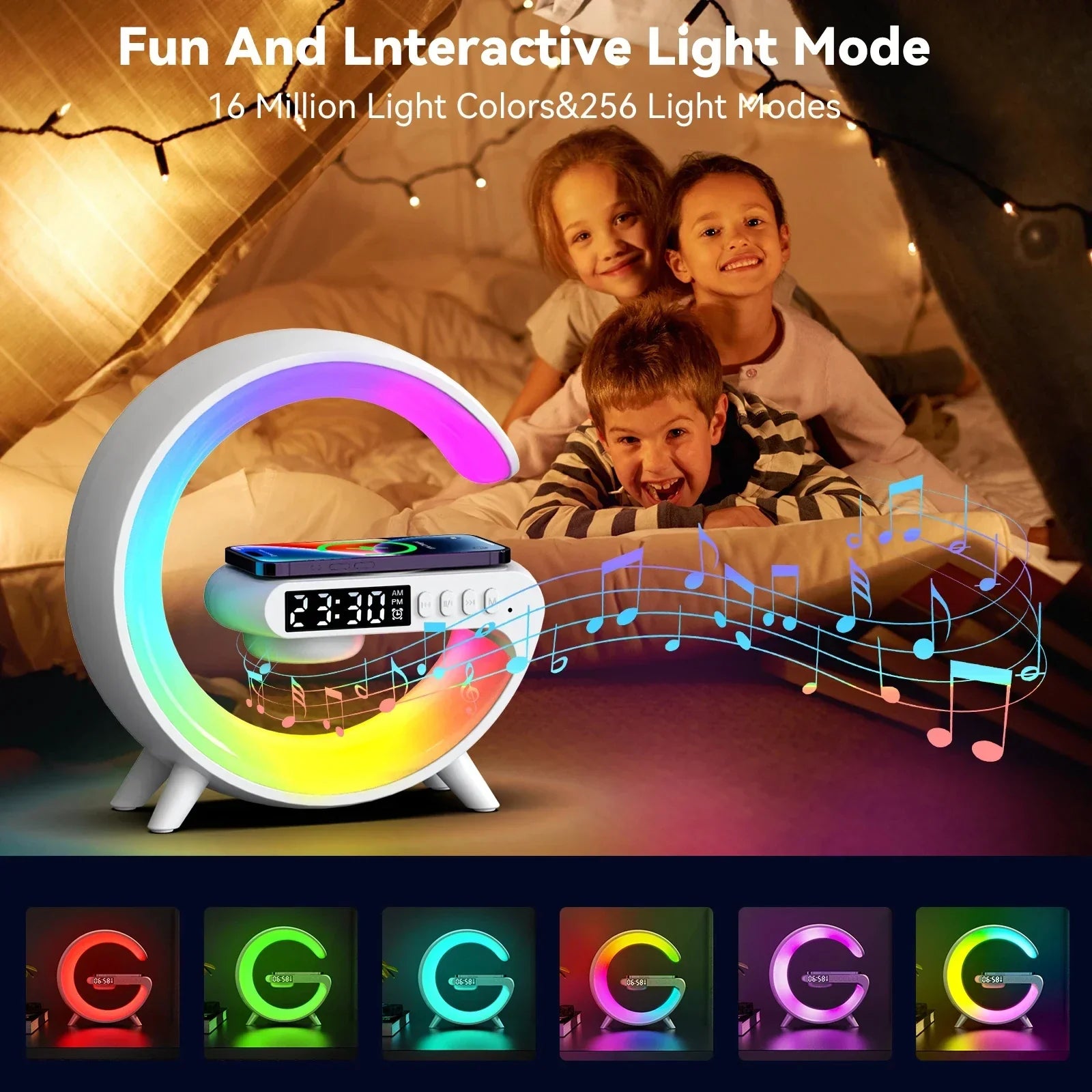 Mini Cargador Inalámbrico Multifuncional con Altavoz, TF, Luz RGB Nocturna y Estación de Carga Rápida para iPhone, Samsung, Xiaomi, Huawei