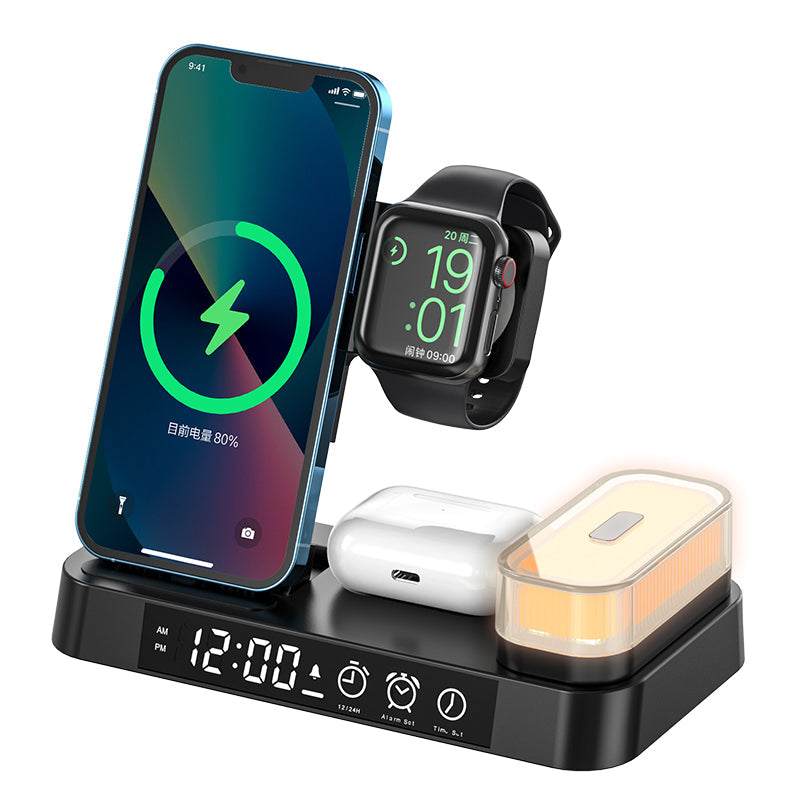 Estación de Carga Inalámbrica Rápida 5 en 1 con Luz Nocturna y Reloj Despertador para iPhone, Apple Watch y AirPods 2/3/Pro